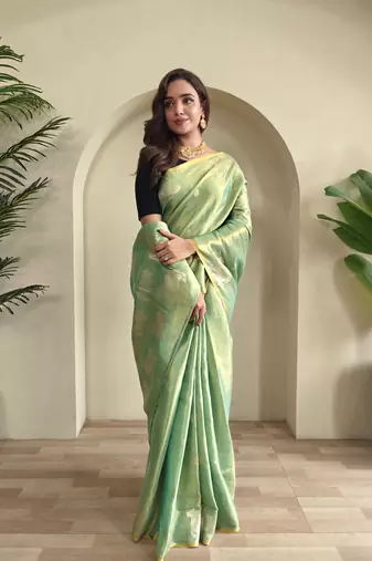 green coloer Zari All Over Pichwai Pattern Tilak Butti Motifs tissue saree