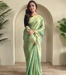 green coloer Zari All Over Pichwai Pattern Tilak Butti Motifs tissue saree
