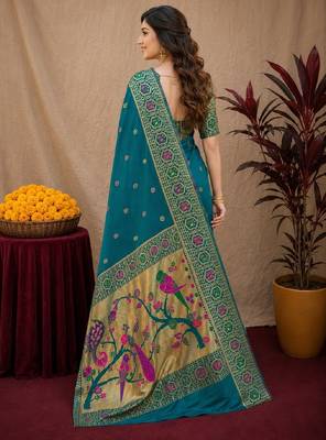 Rama soft silk blend banarasi jacuard work pethani saree with unstitched blouse piece 3