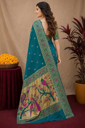 Rama soft silk blend banarasi jacuard work pethani saree with unstitched blouse piece