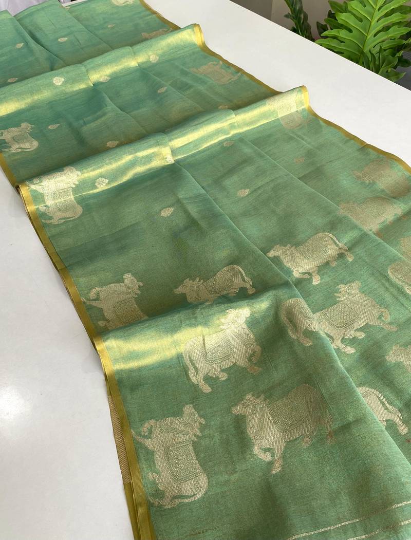 green coloer Zari All Over Pichwai Pattern Tilak Butti Motifs tissue saree