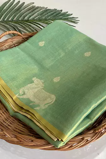 green coloer Zari All Over Pichwai Pattern Tilak Butti Motifs tissue saree