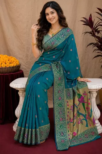 Rama soft silk blend banarasi jacuard work pethani saree with unstitched blouse piece
