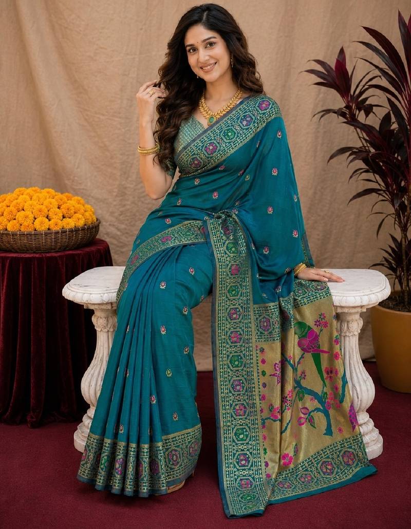 Rama soft silk blend banarasi jacuard work pethani saree with unstitched blouse piece