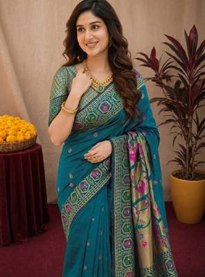 Rama soft silk blend banarasi jacuard work pethani saree with unstitched blouse piece 5