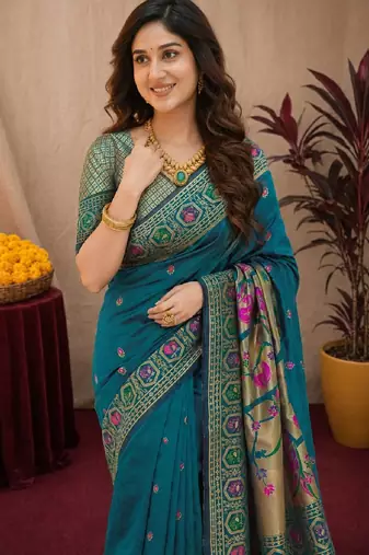 Rama soft silk blend banarasi jacuard work pethani saree with unstitched blouse piece