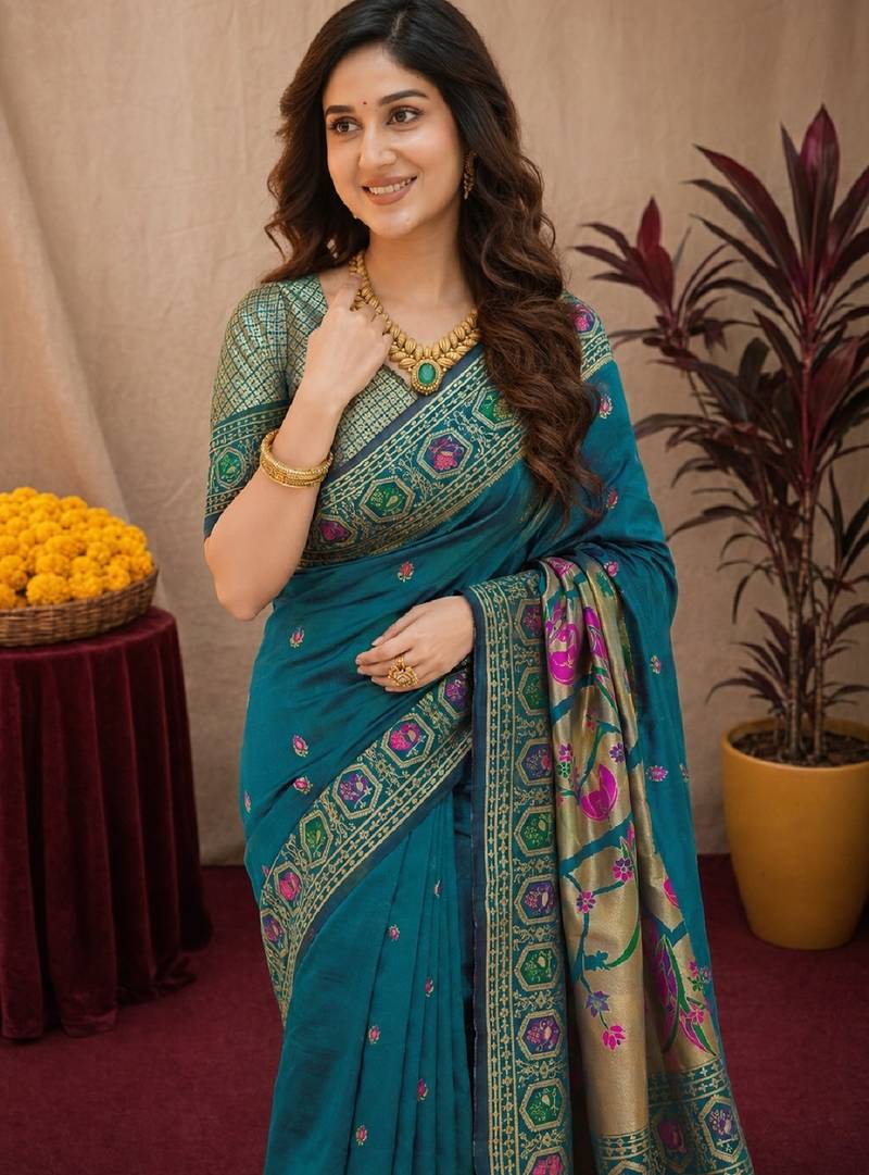 Rama soft silk blend banarasi jacuard work pethani saree with unstitched blouse piece