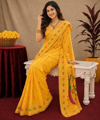 Yellow soft silk blend banarasi jacuard work pethani saree with unstitched blouse piece 1