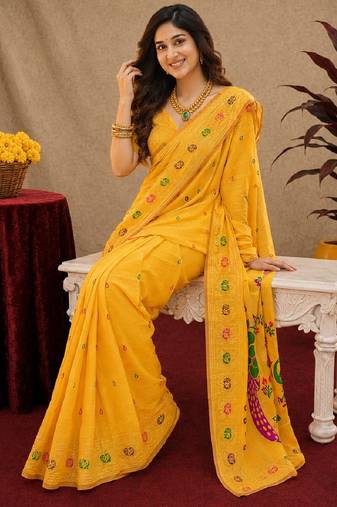 Yellow soft silk blend banarasi jacuard work pethani saree with unstitched blouse piece