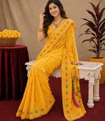 Yellow soft silk blend banarasi jacuard work pethani saree with unstitched blouse piece