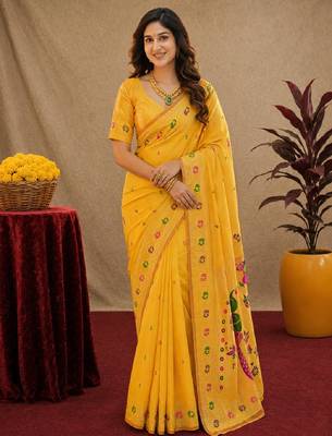 Yellow soft silk blend banarasi jacuard work pethani saree with unstitched blouse piece 2