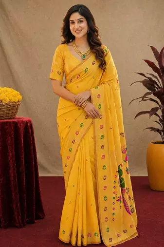 Yellow soft silk blend banarasi jacuard work pethani saree with unstitched blouse piece