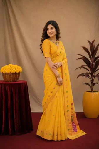 Yellow soft silk blend banarasi jacuard work pethani saree with unstitched blouse piece