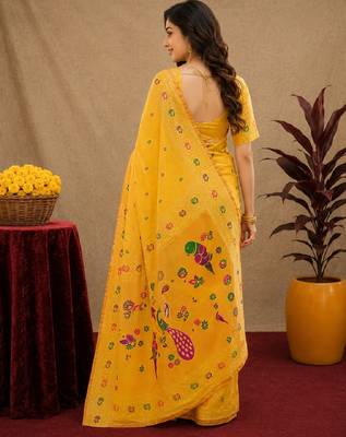 Yellow soft silk blend banarasi jacuard work pethani saree with unstitched blouse piece 4