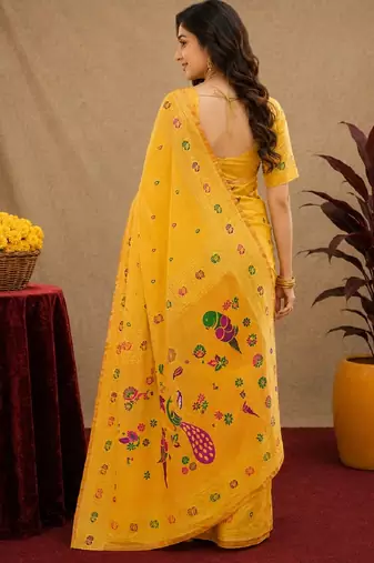 Yellow soft silk blend banarasi jacuard work pethani saree with unstitched blouse piece