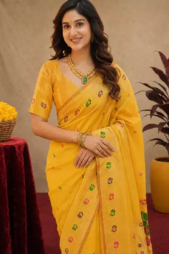 Yellow soft silk blend banarasi jacuard work pethani saree with unstitched blouse piece