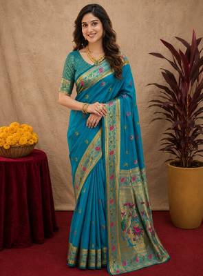 Aqua soft silk blend banarasi jacuard work pethani saree with unstitched blouse piece 1