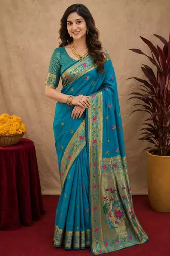 Aqua soft silk blend banarasi jacuard work pethani saree with unstitched blouse piece