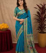 Aqua soft silk blend banarasi jacuard work pethani saree with unstitched blouse piece