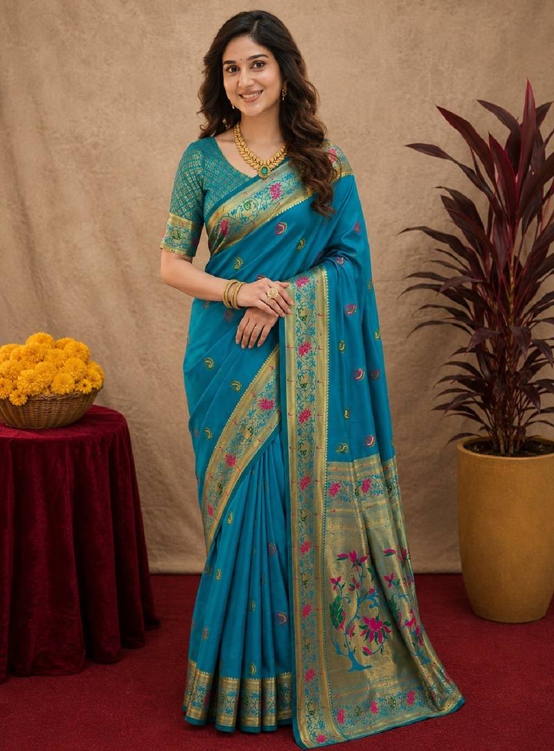 Aqua soft silk blend banarasi jacuard work pethani saree with unstitched blouse piece