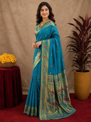 Aqua soft silk blend banarasi jacuard work pethani saree with unstitched blouse piece 2