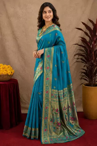 Aqua soft silk blend banarasi jacuard work pethani saree with unstitched blouse piece