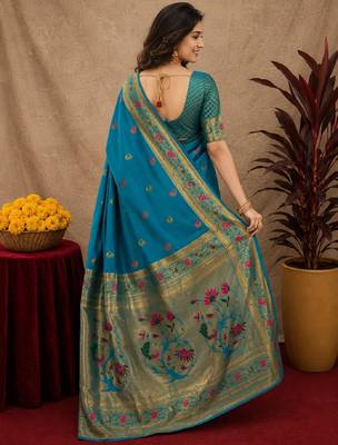 Aqua soft silk blend banarasi jacuard work pethani saree with unstitched blouse piece 3