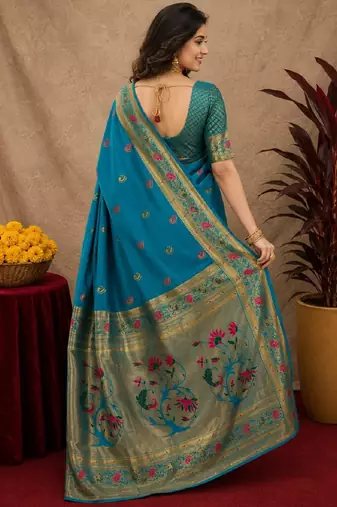 Aqua soft silk blend banarasi jacuard work pethani saree with unstitched blouse piece