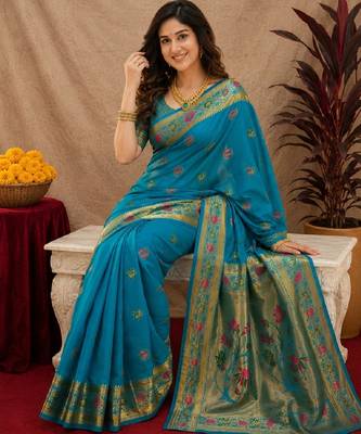 Aqua soft silk blend banarasi jacuard work pethani saree with unstitched blouse piece 4