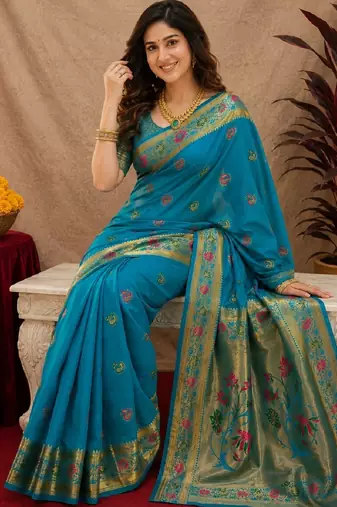 Aqua soft silk blend banarasi jacuard work pethani saree with unstitched blouse piece