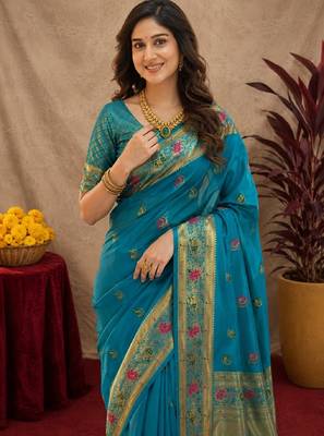 Aqua soft silk blend banarasi jacuard work pethani saree with unstitched blouse piece 5