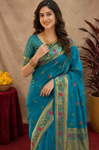 Aqua soft silk blend banarasi jacuard work pethani saree with unstitched blouse piece