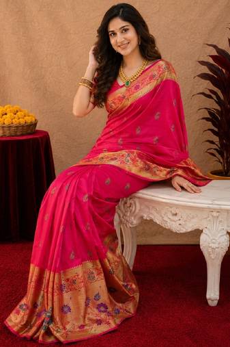 Rani pink soft silk blend banarasi jacuard work pethani saree with unstitched blouse piece