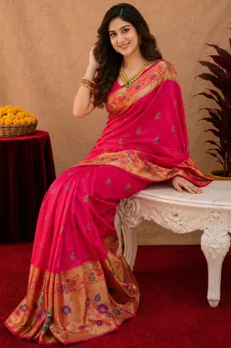 Rani pink soft silk blend banarasi jacuard work pethani saree with unstitched blouse piece