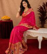 Rani pink soft silk blend banarasi jacuard work pethani saree with unstitched blouse piece