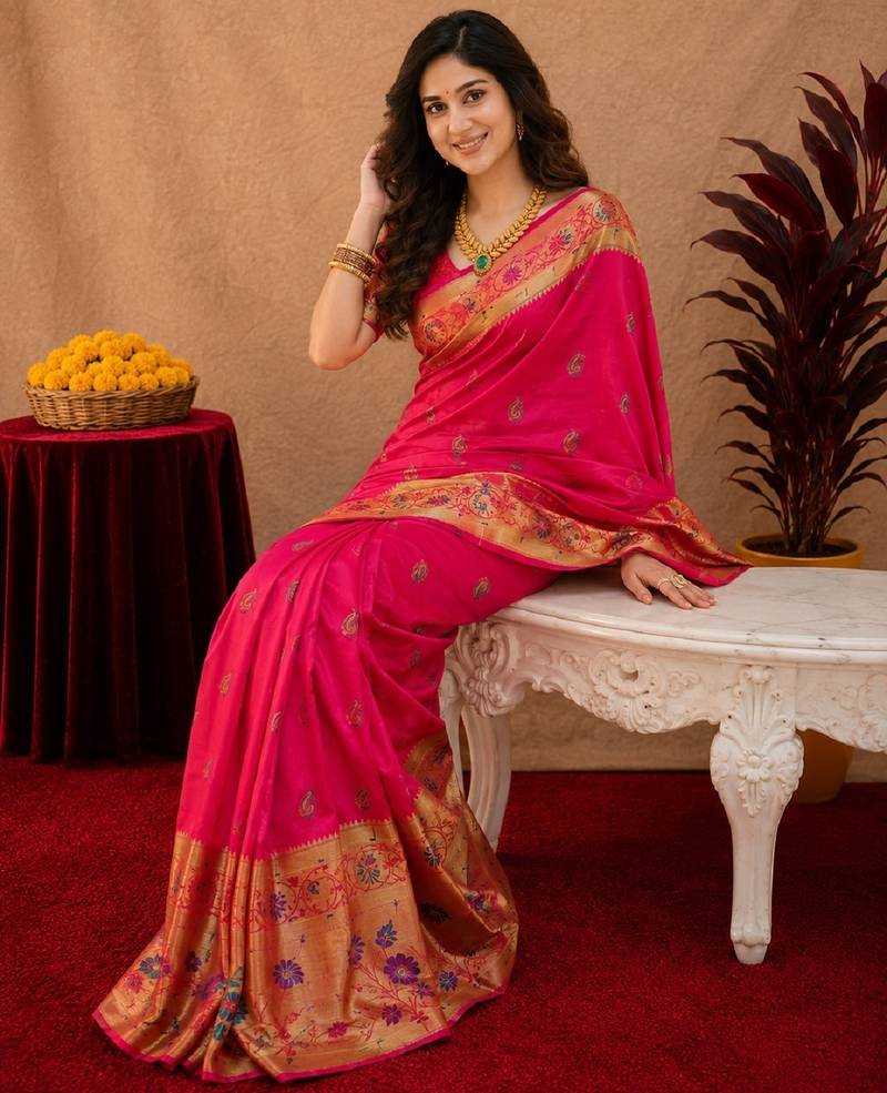Rani pink soft silk blend banarasi jacuard work pethani saree with unstitched blouse piece