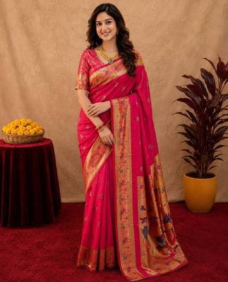 Rani pink soft silk blend banarasi jacuard work pethani saree with unstitched blouse piece 2