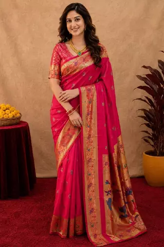 Rani pink soft silk blend banarasi jacuard work pethani saree with unstitched blouse piece