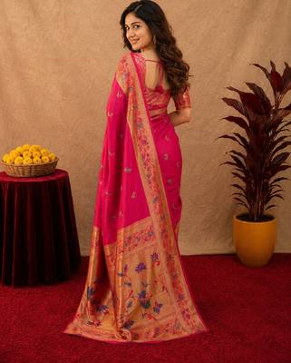 Rani pink soft silk blend banarasi jacuard work pethani saree with unstitched blouse piece 3