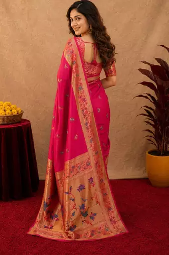 Rani pink soft silk blend banarasi jacuard work pethani saree with unstitched blouse piece