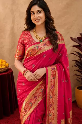 Rani pink soft silk blend banarasi jacuard work pethani saree with unstitched blouse piece