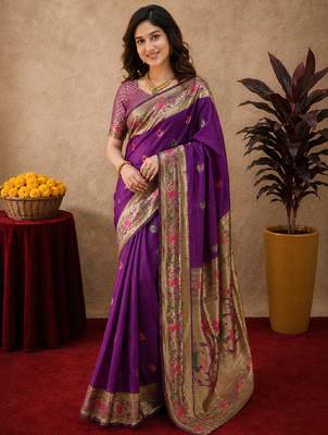Purple soft silk blend banarasi jacuard work pethani saree with unstitched blouse piece 1