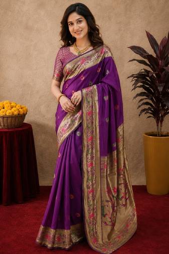Purple soft silk blend banarasi jacuard work pethani saree with unstitched blouse piece