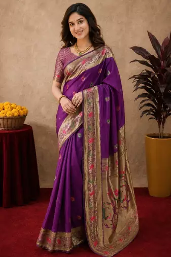 Purple soft silk blend banarasi jacuard work pethani saree with unstitched blouse piece