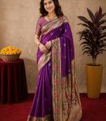 Purple soft silk blend banarasi jacuard work pethani saree with unstitched blouse piece