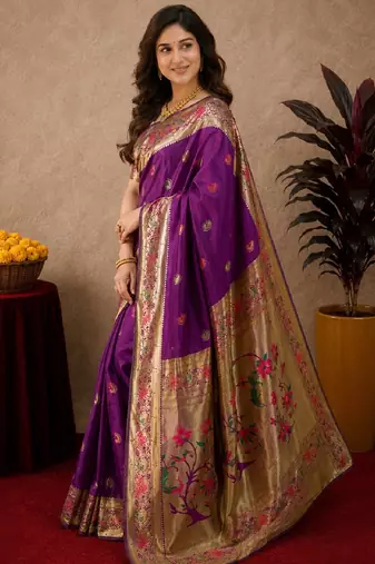 Purple soft silk blend banarasi jacuard work pethani saree with unstitched blouse piece
