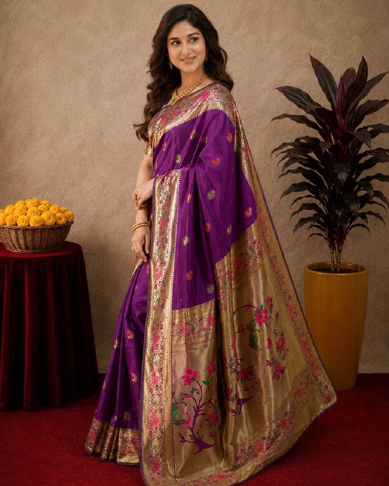 Purple soft silk blend banarasi jacuard work pethani saree with unstitched blouse piece