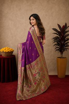 Purple soft silk blend banarasi jacuard work pethani saree with unstitched blouse piece 3