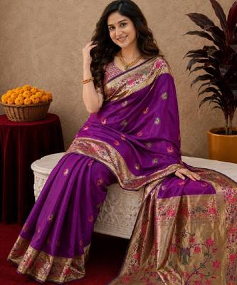 Purple soft silk blend banarasi jacuard work pethani saree with unstitched blouse piece 4