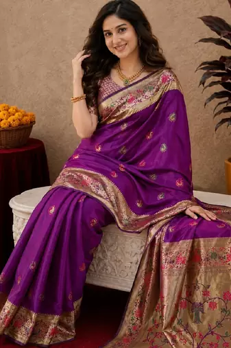 Purple soft silk blend banarasi jacuard work pethani saree with unstitched blouse piece